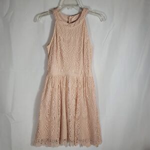 Pinky Crochet Overlay Pink/Peach Sleeveless Mini Dress Halter Neck Fit & Flare S